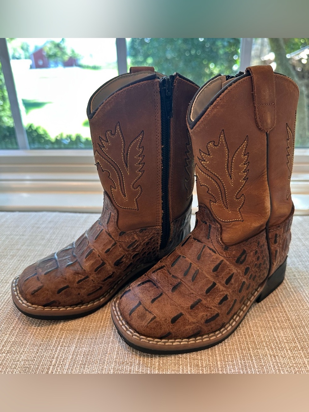 Old West Brown Kids Western Zip Boots with Pull Tabs